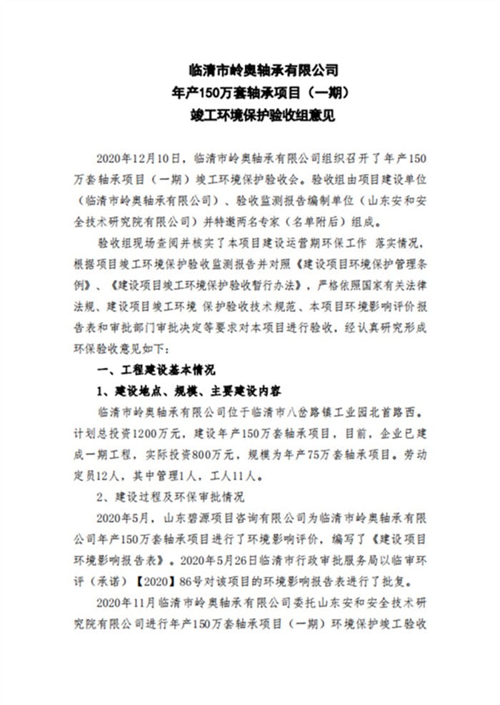 临清市岭奥轴承有限公司验收报告（意见）
