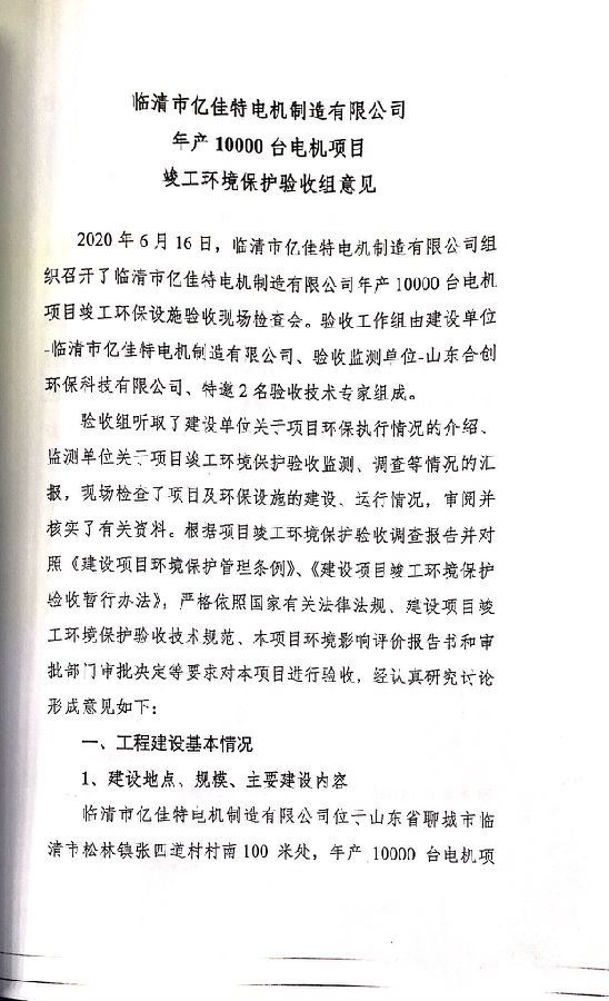 临清市亿佳特电机制造有限公司验收报告