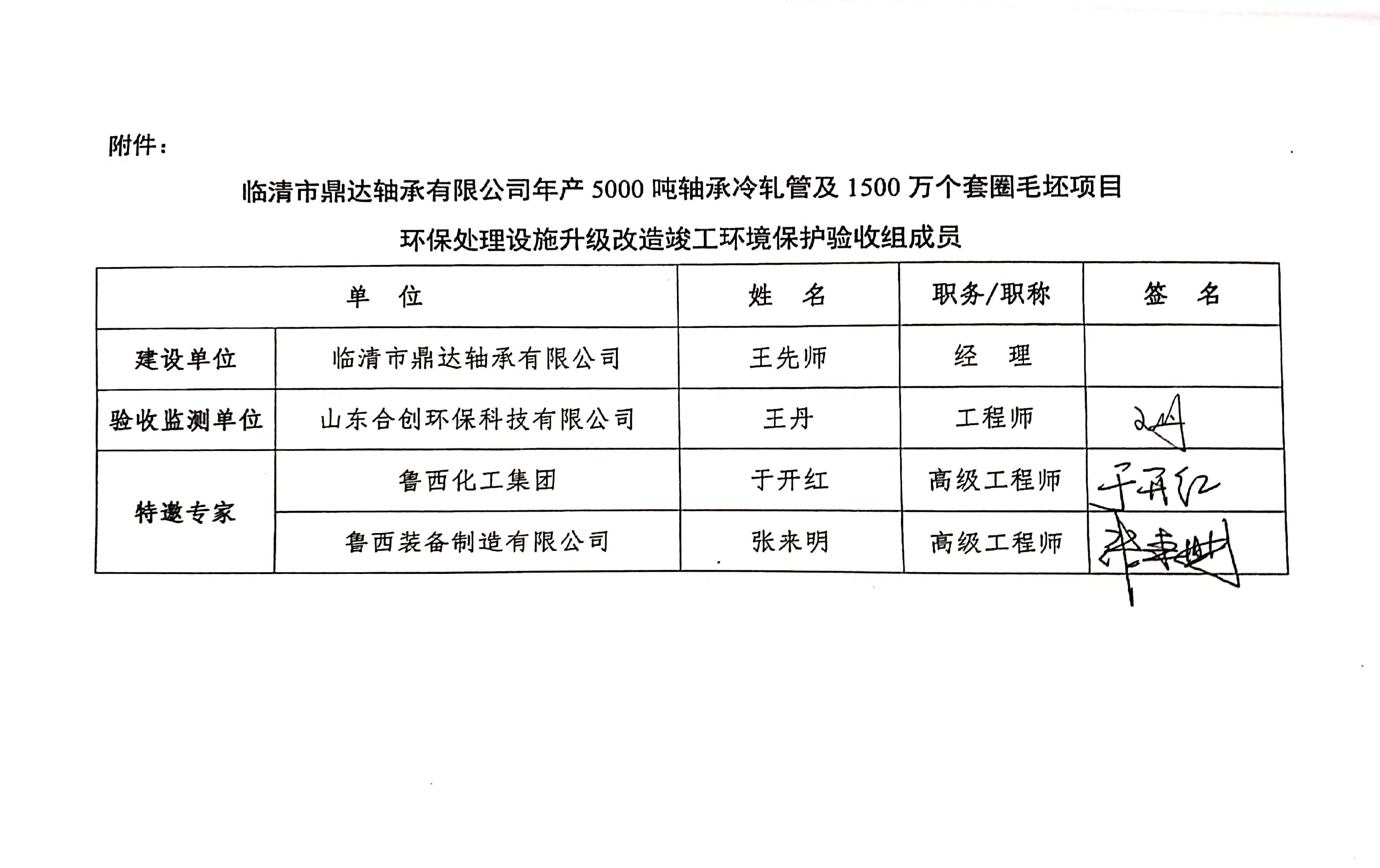 临清市鼎达轴承有限公司 年产 5000 吨轴承冷轧管及 1500 万个套圈毛坯项目 环保处理设施升级改造竣工环境保护验收组签字
