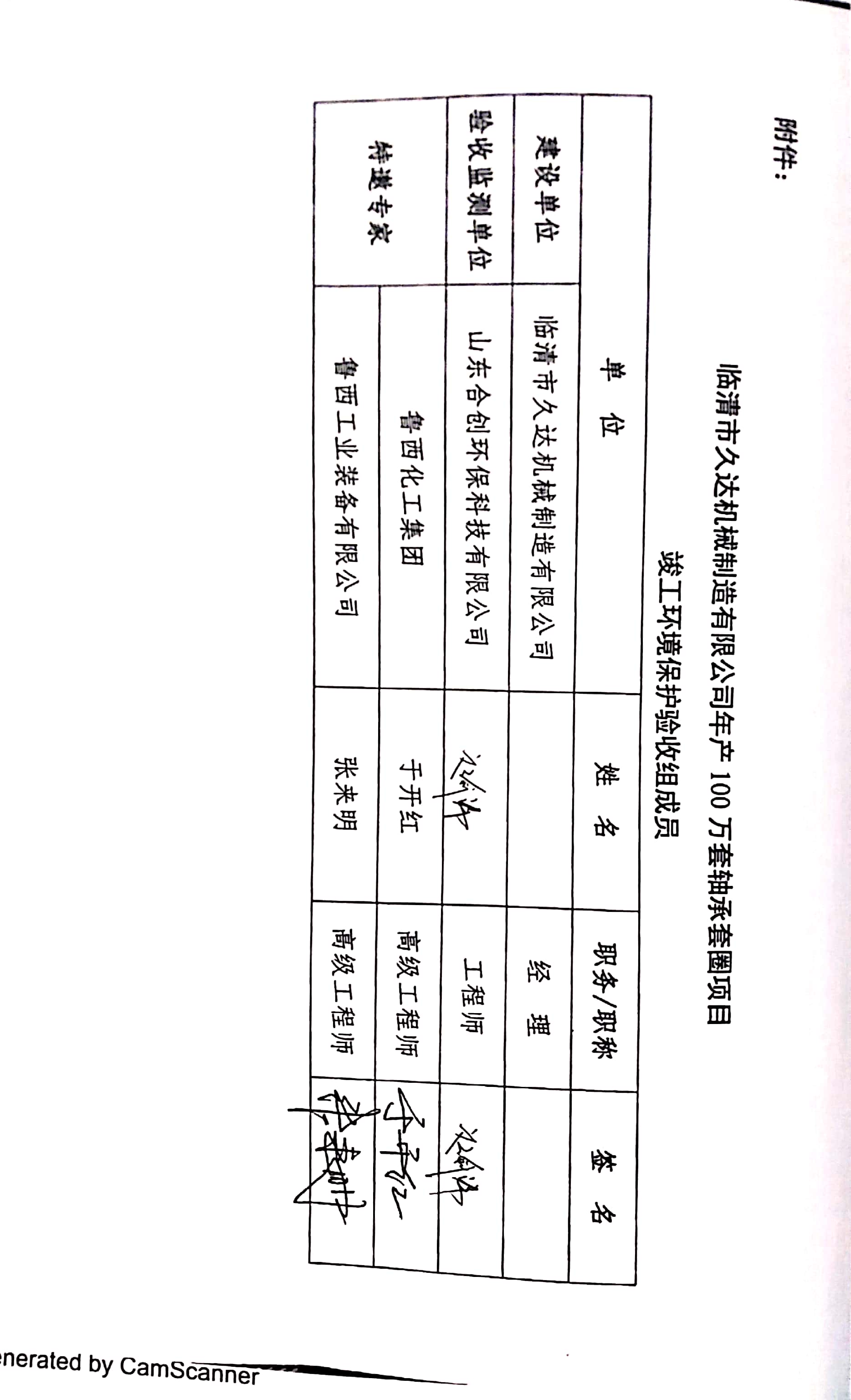 临清市久达机械制造有限公司  年产100万套轴承套圈项目 竣工环境保护验收组签字