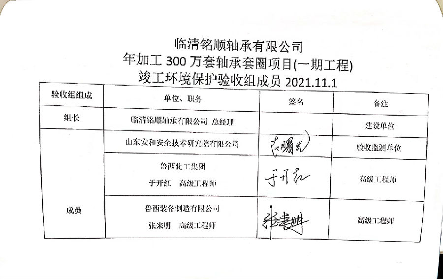 临清铭顺轴承有限公司年加工300万套轴承套圈项目(一期工程)专家验收意见和签字