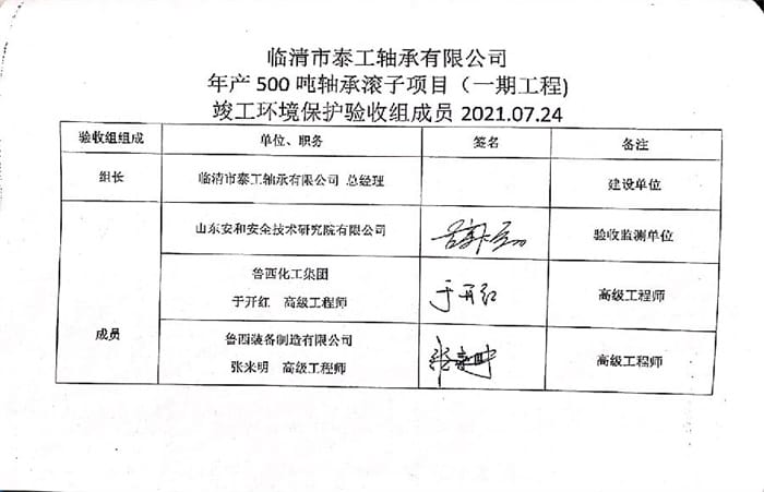 临清市泰工轴承有限公司年产500吨轴承滚子项目（一期工程）专家签字