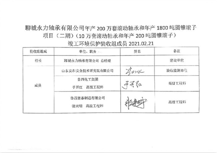 聊城永力轴承有限公司（二期）验收专家意见、签字公示