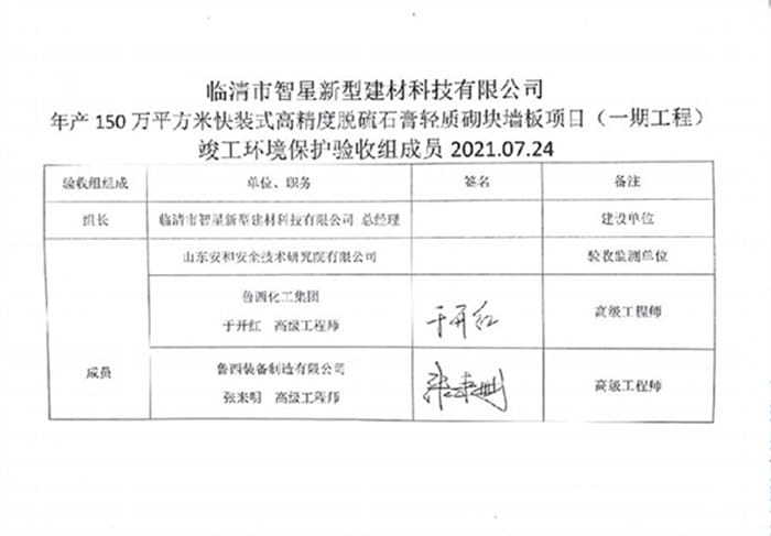 临清市智星新型建材科技有限公司年产150万平方米快装式高精度脱硫石膏轻质砌块墙板项目验收报告专家签字与意见