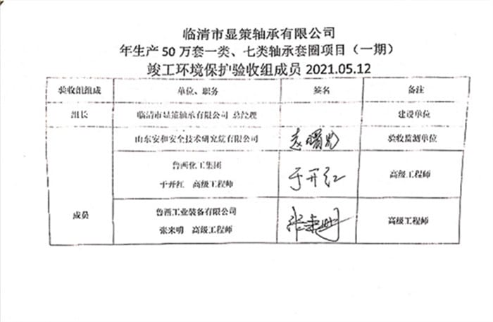 临清市显策轴承有限公司年生产50万套一类、七类轴承套圈项目（一期工程）专家签字