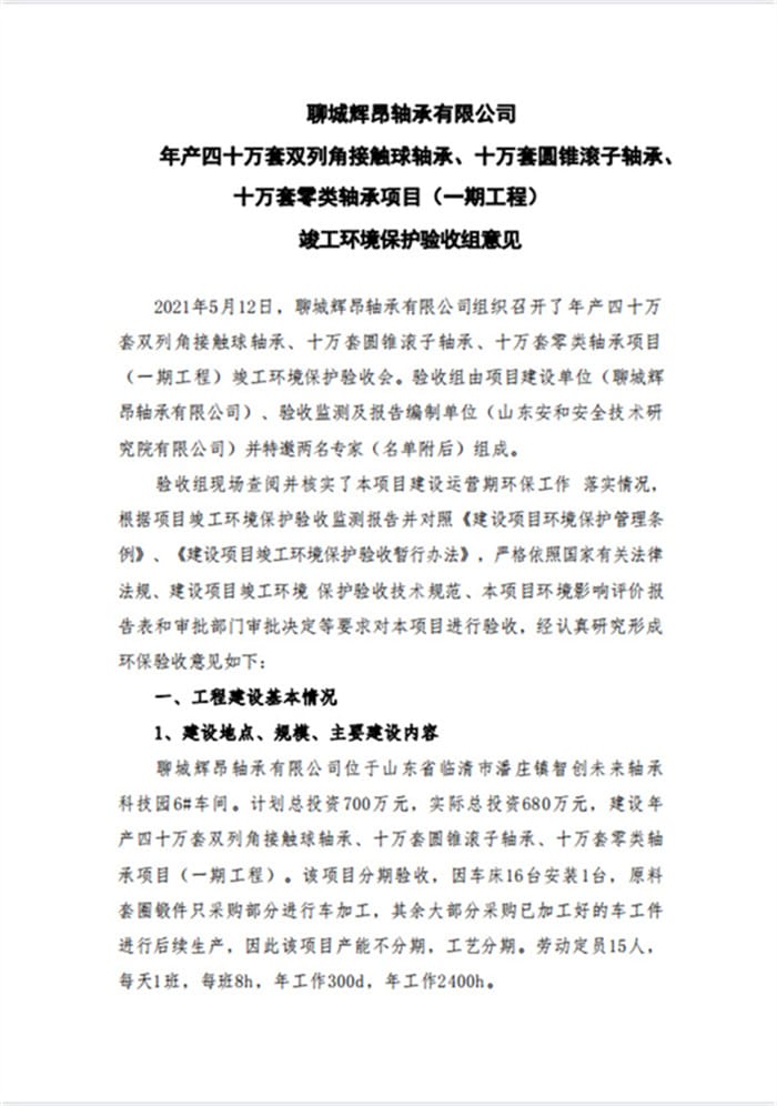 聊城辉昂轴承有限公司年产四十万套双列角接触球轴承、十万套圆锥滚子轴承、十万套零类轴承项目（一期工程）验收意见