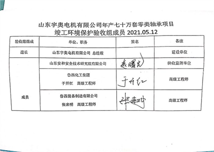 山东宇奥电机有限公司年产七十万套零类轴承项目专家签字