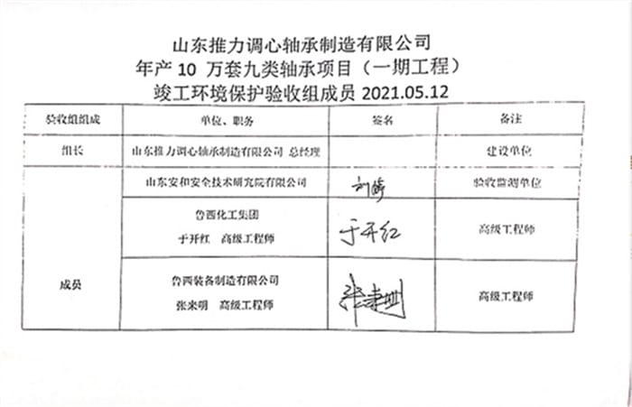 山东推力调心轴承制造有限公司年产10万套九类轴承项目（一期）专家签字