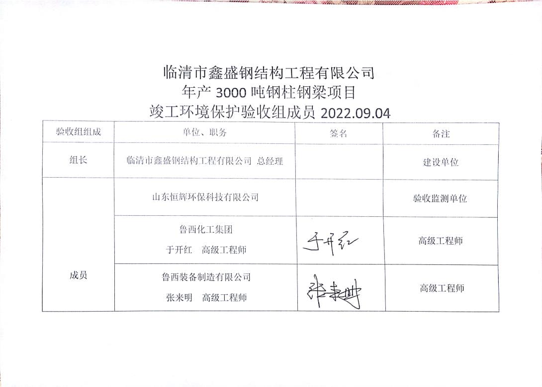 临清市鑫盛钢结构工程有限公司年产3000吨钢柱钢梁项目专家签字