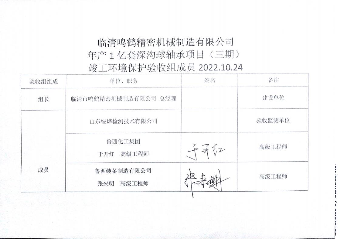 临清市鸣鹤精密机械制造有限公司年产1亿套深沟球轴承项目（三期）验收意见