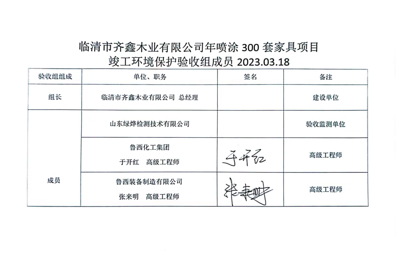 临清市齐鑫木业有限公司年喷涂300套家具项目验收报告专家签字